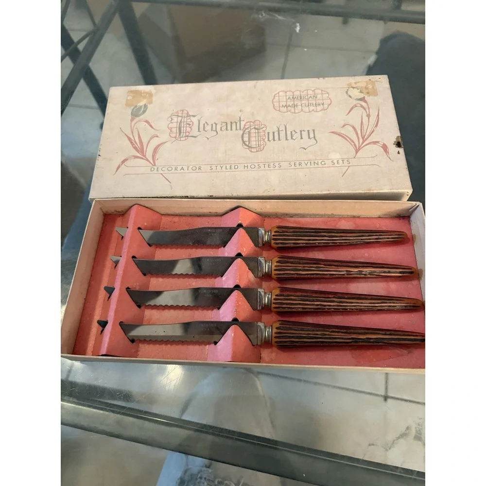 VTG Elegant Cutlery 4 Pc Serrated Steak Knife Set Faux Stag Handles Box USA